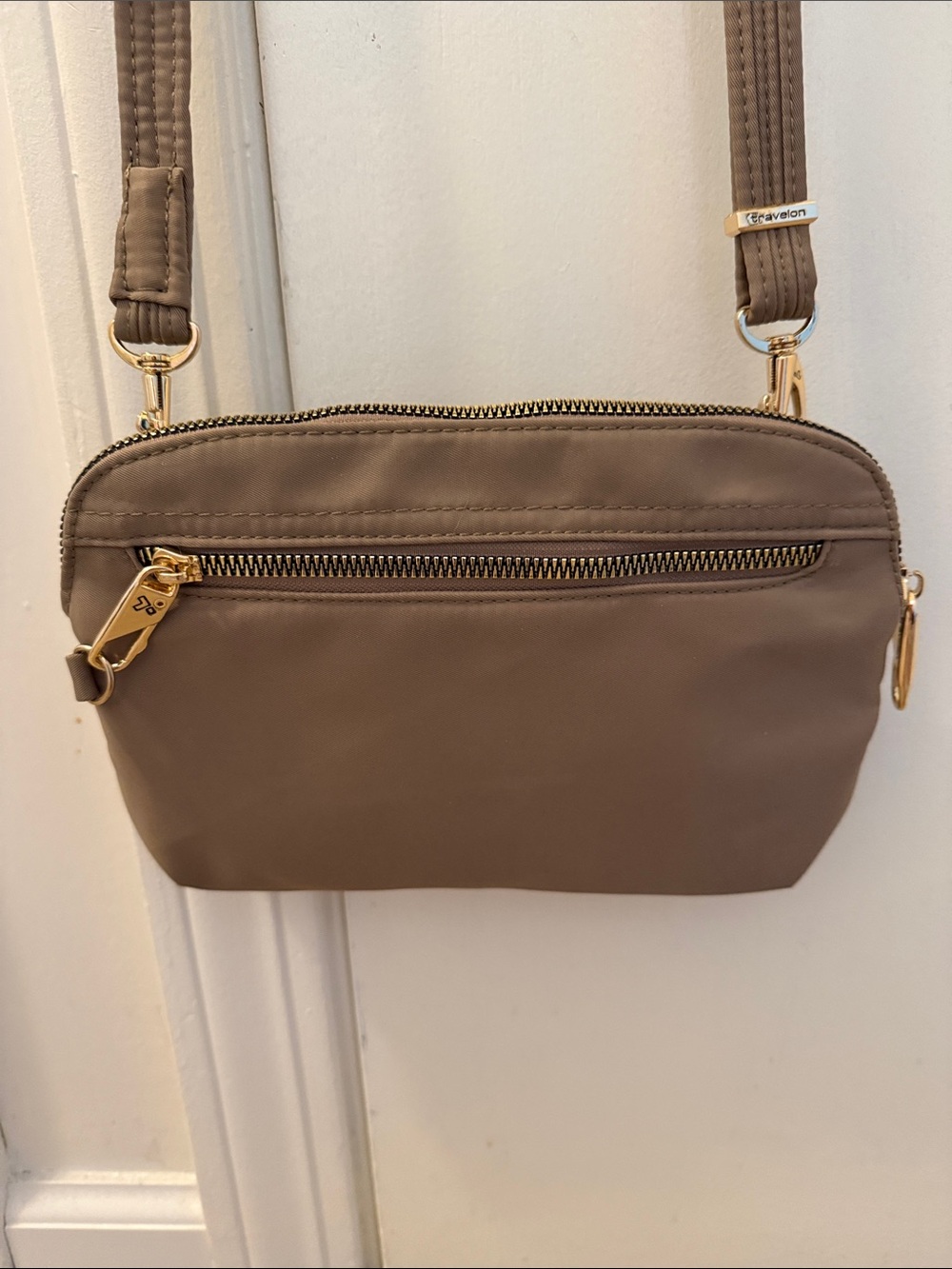 Travelon Taupe Tailored Convertible Crossbody with Gold Hardware